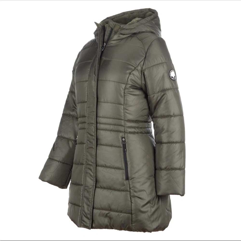 Spyder Womens Puffer Coat Green Sherpa Lining Hooded Front Zip Jacket Size XL